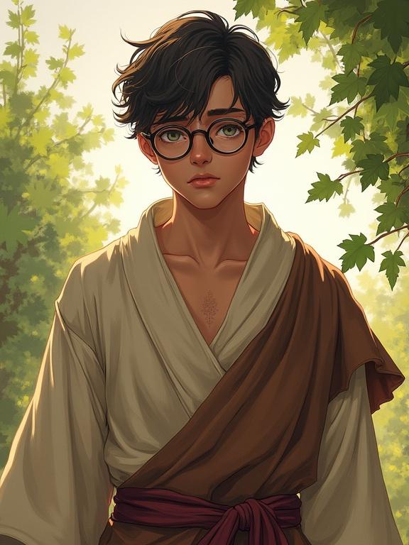 A young timid man in his early 20s wears round glasses and robes inspired by Greek style. The man appears worried and pensive, looking directly at the viewer. The setting is outdoors with vines and the hint of wine. The artwork is digital and semi-realistic, resembling the style of Jason Chan. The background is soft with watercolor splashes.