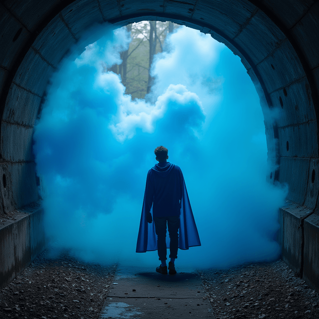 A person in a blue cape walks through a smoky tunnel surrounded by vibrant blue fog.