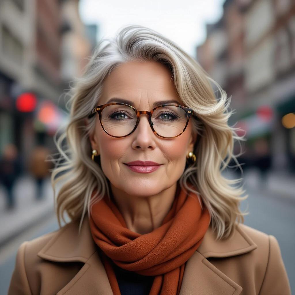 A portrait of a middle-aged woman in an urban setting. Her hair is styled elegantly. She is wearing a fashionable coat and a stylish scarf. The background shows an urban environment with blurred figures. The image focuses on the woman's beauty and confidence.
