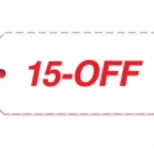 Promo coupon features bold red text stating 15-OFF against a clean white background. The design includes a rounded corners or dashed border. It showcases a horizontal layout. The style is minimalistic and modern. The emphasis is on maintaining a high contrast appearance. There are no logos or additional text. The coupon appears isolated in a realistic look on a white background.