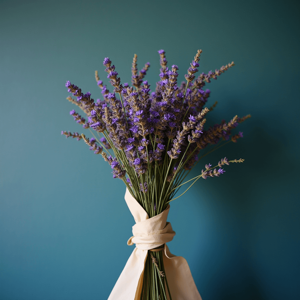 A bouquet of purple lavender flowers tied with a beige ribbon against a teal background.