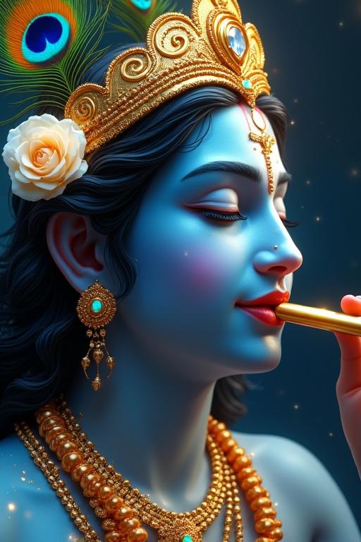 Portrait of Lord Krishna with serene expression. He has radiant blue skin and plays a golden flute. Intricate golden jewelry with gems adorns him. A white rose is near his ear, and peacock feathers rise from his crown. Lighting is soft and mystical against a dark background. Ultra-detailed and cinematic, 8K resolution.