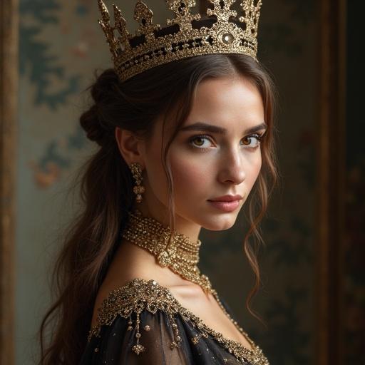 portrait of a queen wearing a crown and elegant jewelry