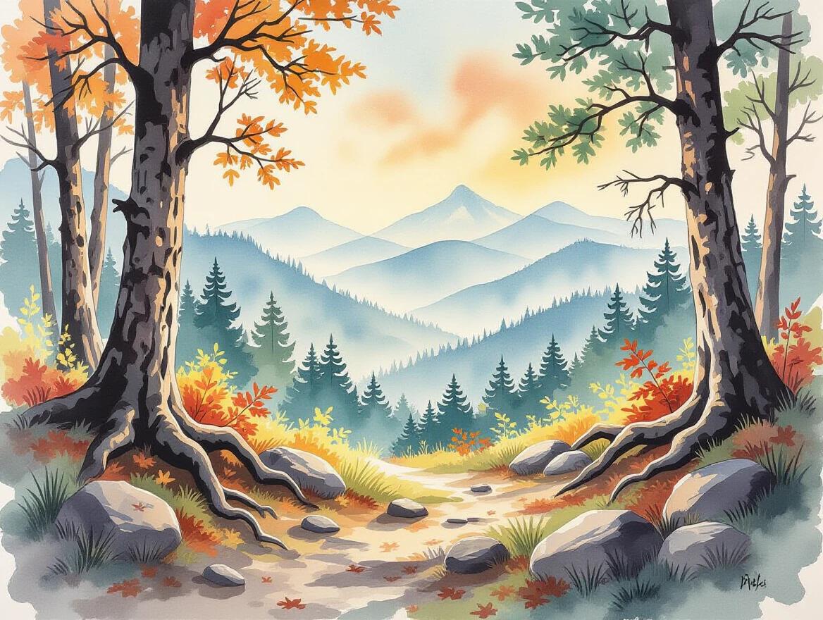 Layered landscape in landscape orientation with expressive ink wash style in foreground showing roots rocks leaves. Midground in classic oil painting style with textured hills and clustered trees. Distant mountains and pale sky in soft watercolor washes. Natural light diffusion. Harmonious composition with three artistic styles.