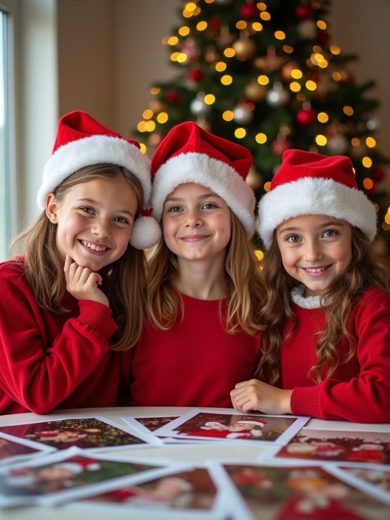 Three cheerful girls in red Christmas outfits. They sit around a table with various Christmas-themed images. A beautifully decorated Christmas tree stands in the background. Each girl wears a festive Santa hat. The setting embodies Christmas joy and family traditions.