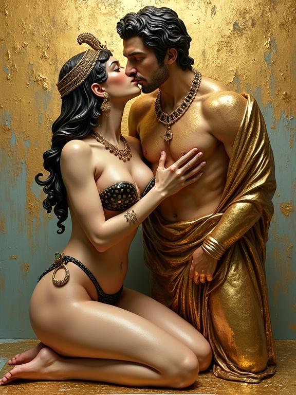3D artwork depicting Cleopatra in a tiny bikini on her knees and Hercules standing in an embrace. A celebration of intimacy and strength with splashes of color and intricate detailing.