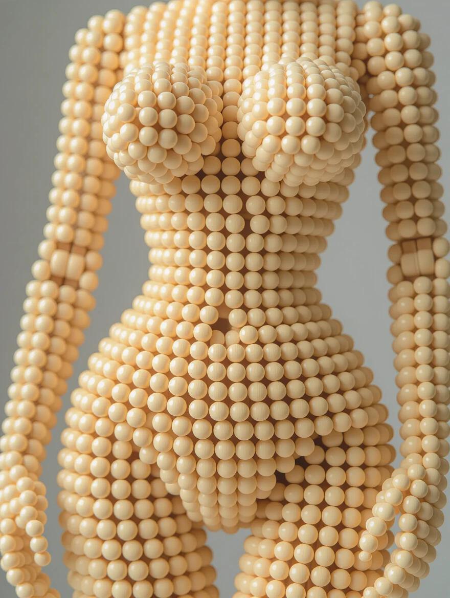 Artistic wooden graphic nude doll figure composed of small wood balls. Closeup view showcases details. High-quality 4k resolution image with perfect texture. Impressive clarity and design.
