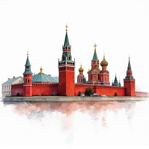 Watercolor illustration of Moscow's Kremlin majestic towers and domes vibrant red with a transparent background.