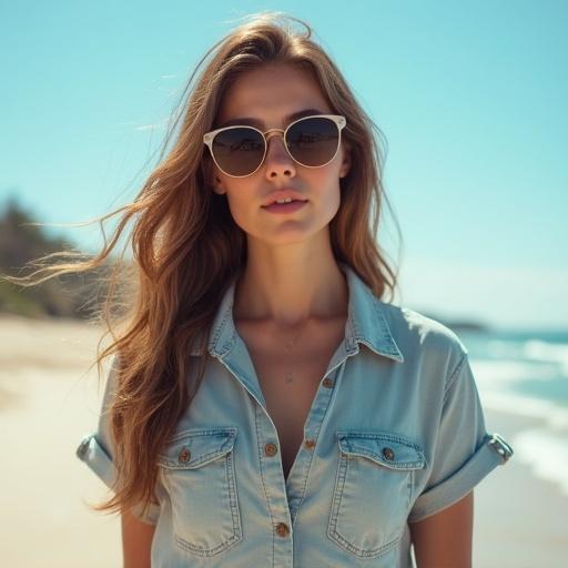 Girl wears a light blue button-up shirt. She stands on a sandy beach. Sunglasses rest on her head. Background features beach and ocean visible. Warm sunny weather creates a relaxed atmosphere.
