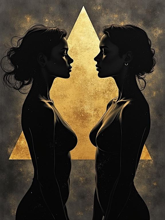 Artwork featuring two female silhouettes in side profile. Highlighted with a burnished gold triangle background. Evokes a watercolor artistic style rendered in dark tones.