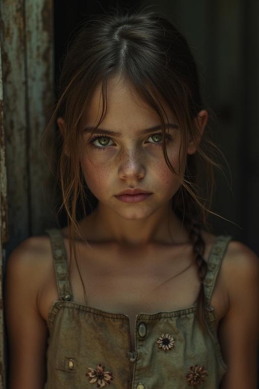 A little girl dressed in an old green outfit stands in a doorway. She has long hair and a simple joyful expression. The background is rustic and honest.