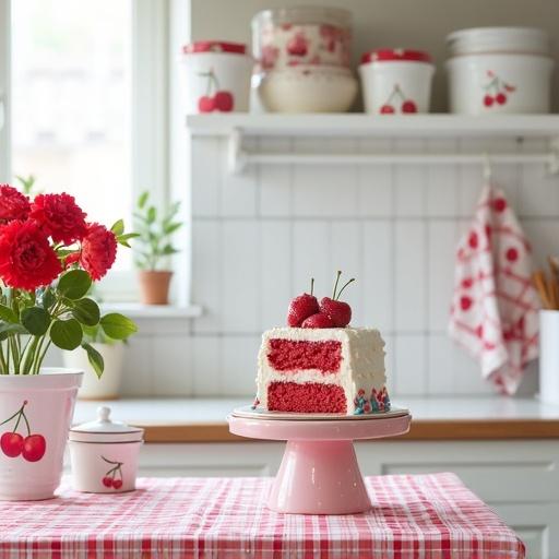 A cute kitchen with cherry print towels and tablecloth. Red flowers in white pots beside a sink. A strawberry and cherry triple layer cake on a colorful stand sits on a table.