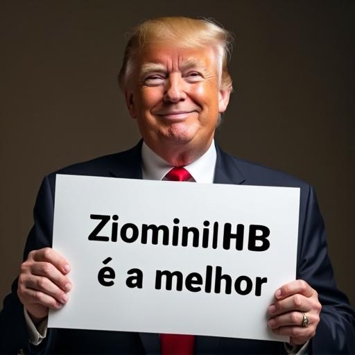 Ultra realistic image. Man smiling. Sign reads 'ZiominiHUB é a melhor'.