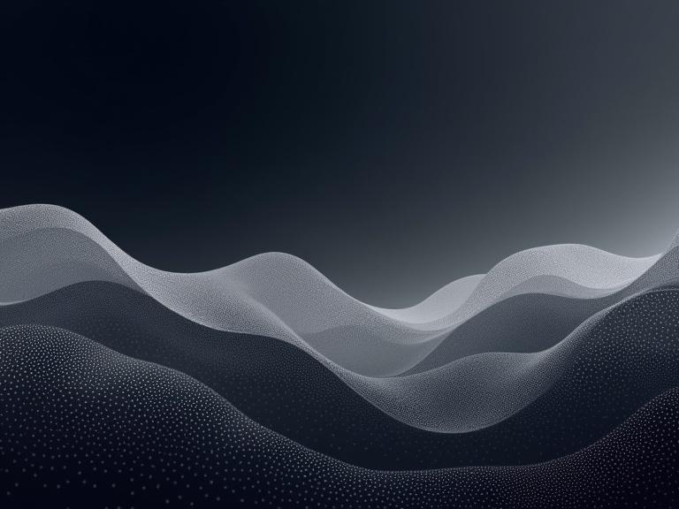 Abstract background with dark gradient. Features large dots and soft waves. Colors include white and light gray. Design promotes depth and fluidity. Minimalist aesthetic targets background use or design elements.