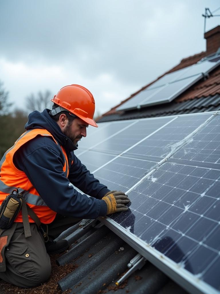 An installer wearing an orange safety helmet and vest works on solar panels on a roof. Several solar panels appear misaligned and poorly installed. The worker seems focused while adjusting the equipment.