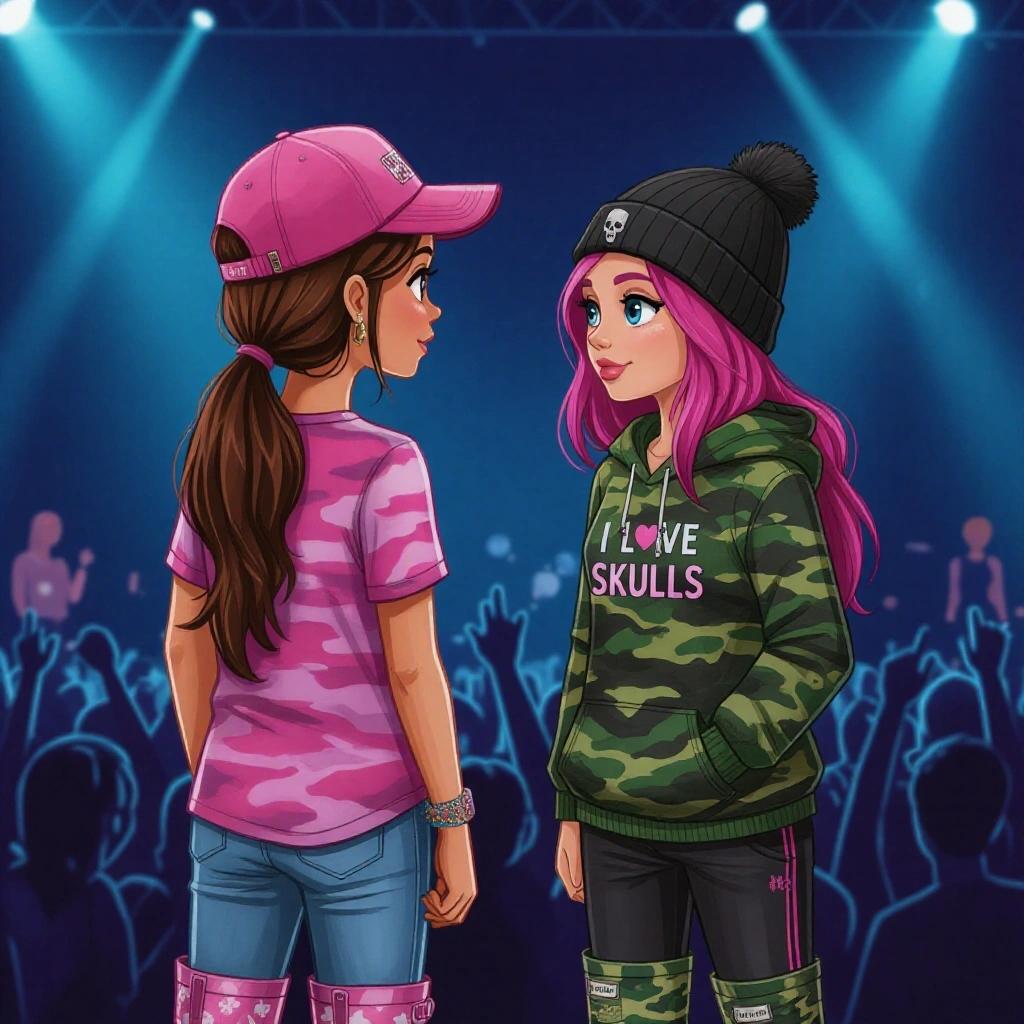 Two cartoon girls admire a performance at a music festival. One girl has long dark blonde hair tied in a ponytail wearing a pink camouflage shirt and matching wellies. The other girl has pink hair and wears a black beanie and a hoodie with skulls. They are surrounded by festival lights and excited crowds.
