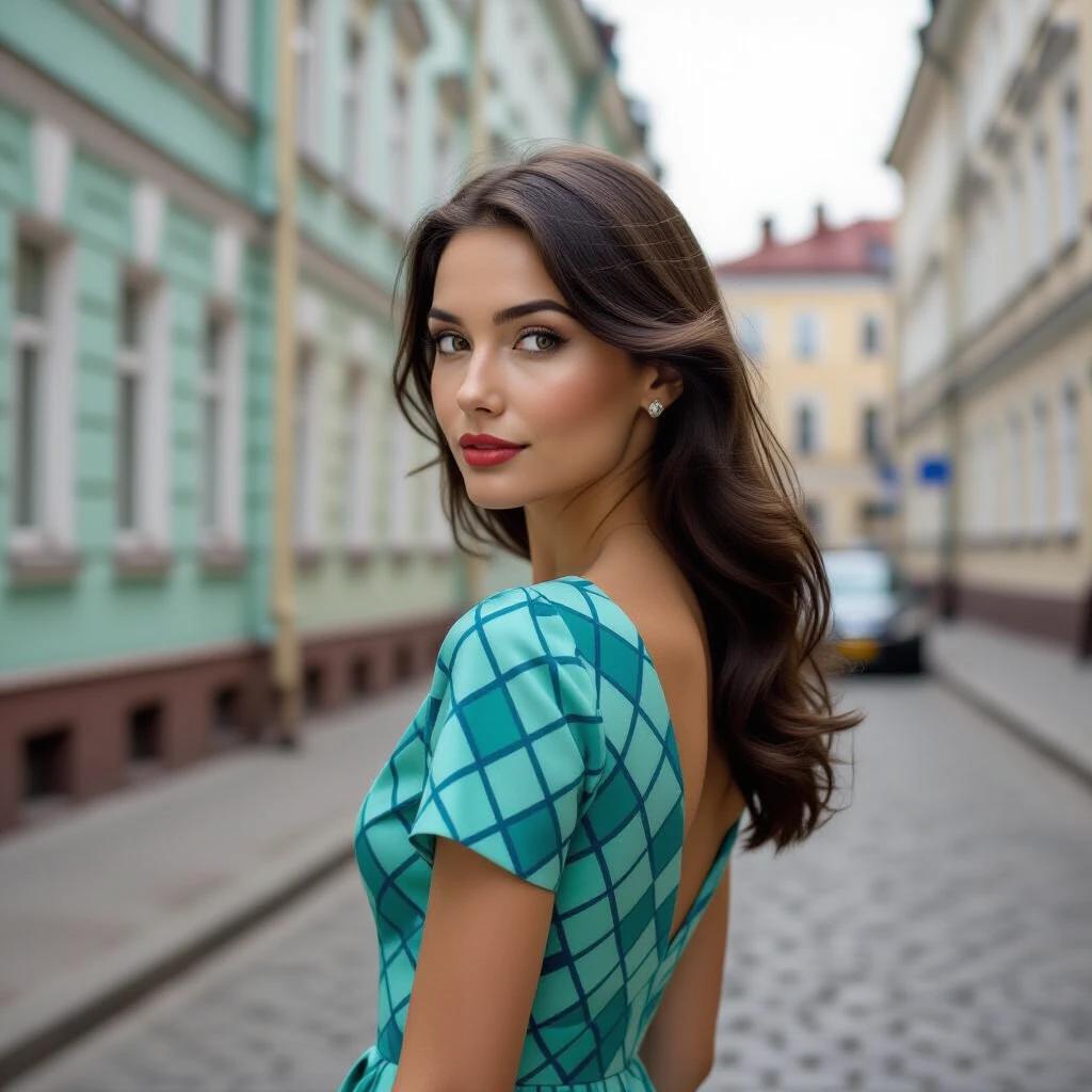 Portrait of a woman in a retro dress standing in a cobblestone street in Moscow. Soft natural light capturing her side profile. Elegant dress features turquoise geometric patterns. Background includes pastel-colored apartment buildings.
