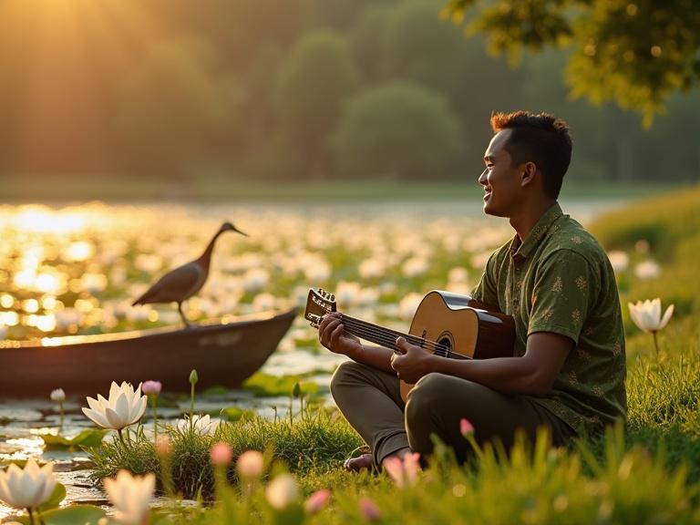 Indonesian man in an olive green batik shirt is sitting on the grassy riverbank. He plays an acoustic guitar beside a tranquil pond. White lotus flowers float on the water's surface. A rustic wooden boat is shown in the background. A bird rests on the boat watching the musician. The scene is illuminated by the golden hues of sunset. A sense of peace and connection with nature is felt throughout the image.