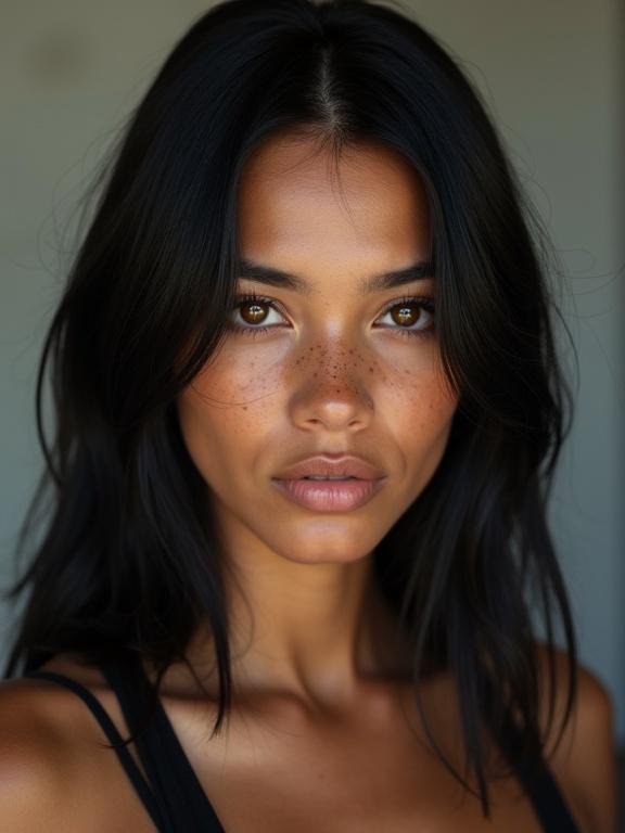 Close up portrait of a young woman with thick black hair and beautiful freckles. She has brown eyes and wears a black tank top. The background suggests an urban setting.