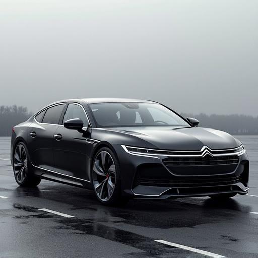A Citroen C6 2026 model is displayed as a black E-segment saloon. The car has 19 inch alloy wheels. It incorporates design elements from the Citroen METROPOLIS Concept.
