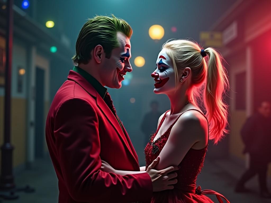 Create an image with a 3D glowing text saying 'Gli Svalvolati' featuring Joker and Harley Quinn in a dynamic romantic pose.