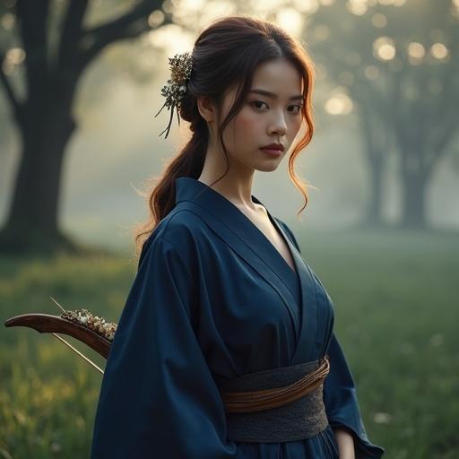 A female senior scout named Clarisse with porcelain skin wears a deep indigo kimono. The outfit has short sleeves and subtle embroidery. She has medium-length waved chestnut hair with a kanzashi. Clarisse carries a yumi bow and has a trap pouch. The background is a misty forest at dawn with soft sunlight.