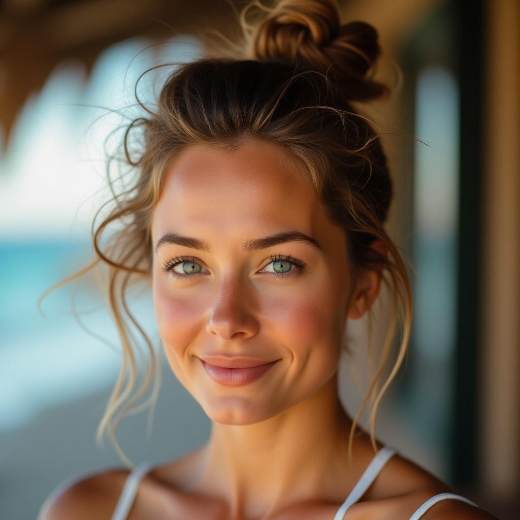 Woman with sun-kissed skin and confident gaze. Hair styled in messy top knot. Soft light highlights features. Relaxed vibe against serene background.