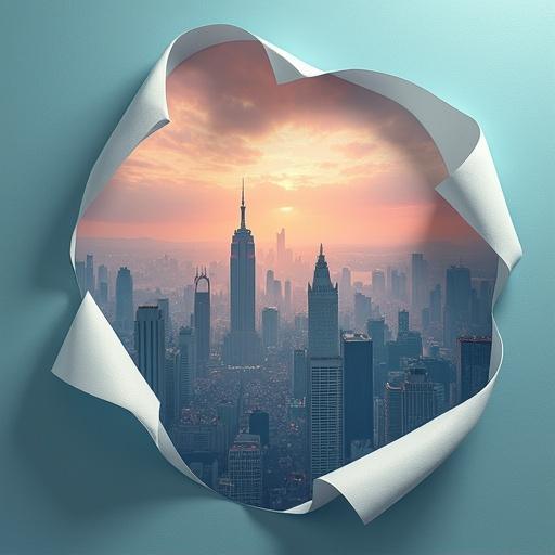 Surreal city skyline viewed through a torn paper effect. Light orange sunset over skyscrapers. Create a visual illusion.