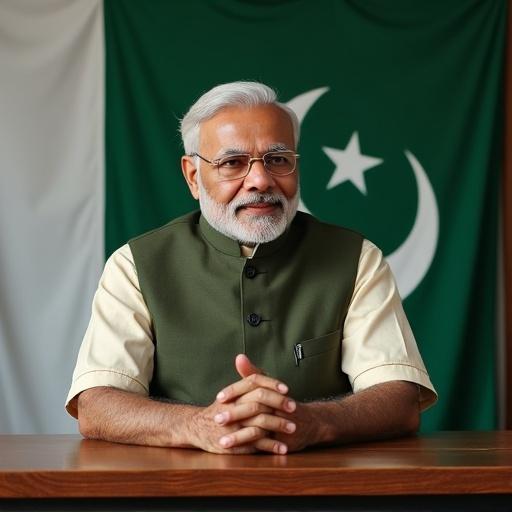 Subject sitting at a table with hands clasped. Background features a large Pakistan flag. Neutral lighting enhances focus on the subject. Appropriate for discussions on political imagery.