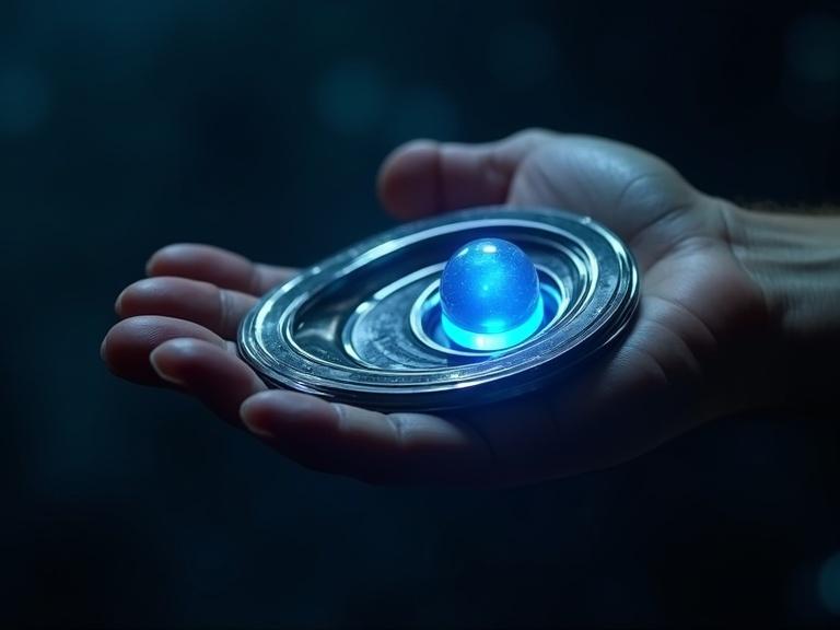 Hand holds a futuristic metallic device with a glowing blue sphere. The device is oval and spiral shaped, featuring reflective surfaces. The scene is set against a dark blue background with a realistic texture and detailed reflections.
