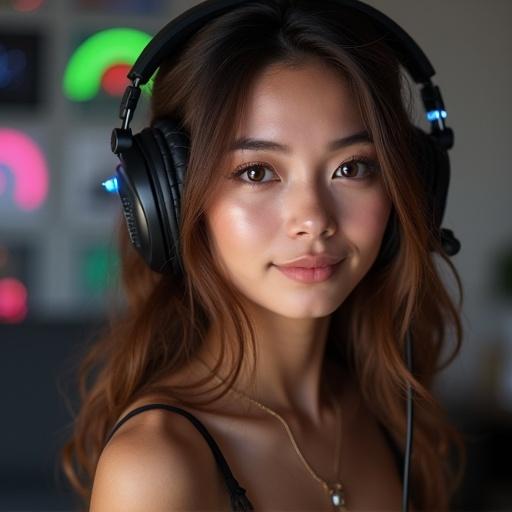 Portrait of a young adult female gamer with brown hair and brown eyes. She wears headphones. Soft lighting highlights her features against a blurred background of colorful lights.