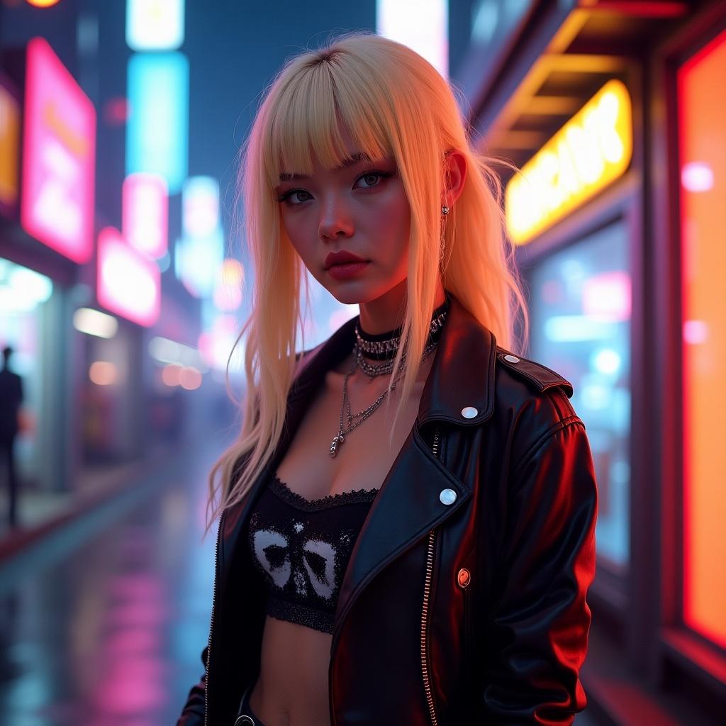 A character from Arcane with styled blonde hair wearing a punk outfit in a neon-lit city background. The scene captures a modern urban atmosphere with vibrant colors and dramatic lighting.