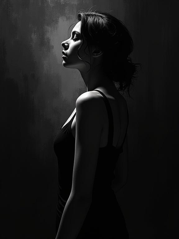An abstract digital oil painting features a woman's rough partial silhouette. The mood is elegant and distant. The silhouette is off center and reflects inwardly. The background is solid black for a minimalist design.