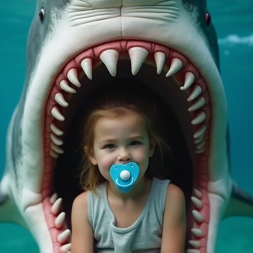 Mother places 10 year old daughter inside shark mouth. Child holds oversized pacifier. Scene shows playful interaction. Bright sunny day.