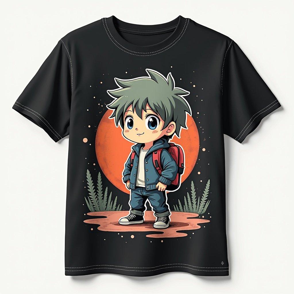 A cartoon styled boy stands confidently on a black t-shirt design. He has spiky green hair and wears a casual outfit with a backpack. A large red circle mimics a sunset backdrop while ferns decorate the ground.