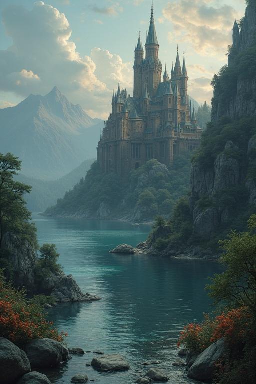 A breathtaking fantasy world featuring a majestic castle set on a hill surrounded by mountains and a serene river. The landscape is lush with greenery and vibrant colors, creating an enchanting atmosphere.