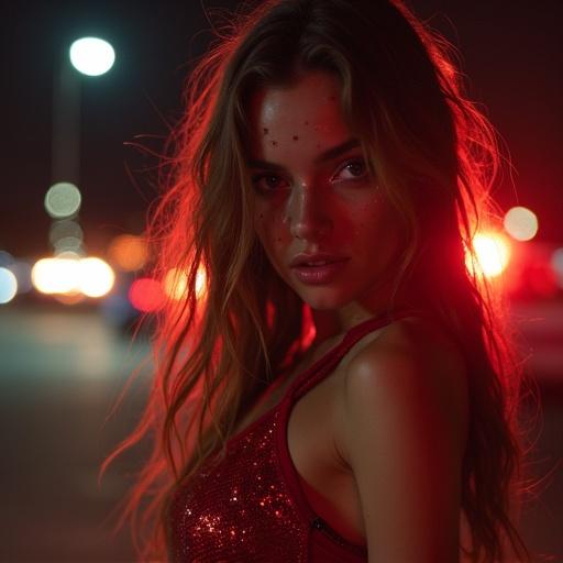 high school cheerleader wearing a red sparkly crop top. She has messy hair and tear-streaked makeup. She is about to lose her balance. A cop car with sirens on is in the background. The scene features soft and dark silhouette lighting.