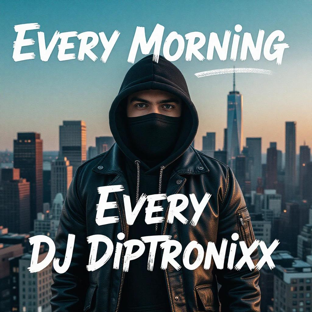 Dark hip hop album cover featuring a person in a mask and leather jacket. Cool writing includes 'Every Morning' and 'DJ Diptronixx.' A city skyline is in the background during sunrise.