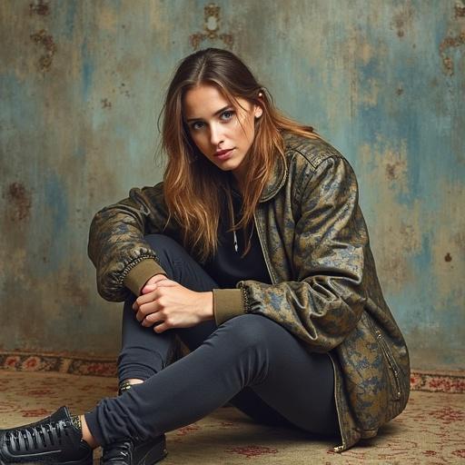 Model sitting on a rug in casual attire. She has long hair, wearing an olive green jacket and black leggings. The background is textured and rustic.