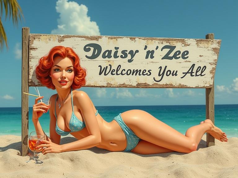A wooden beach sign with a painted girl in a bikini. She enjoys a cocktail while lying on sand. The sign has distressed paint, showing weathering. The text on the sign reads 'Daisy 'n' Zee Welcomes You All.'
