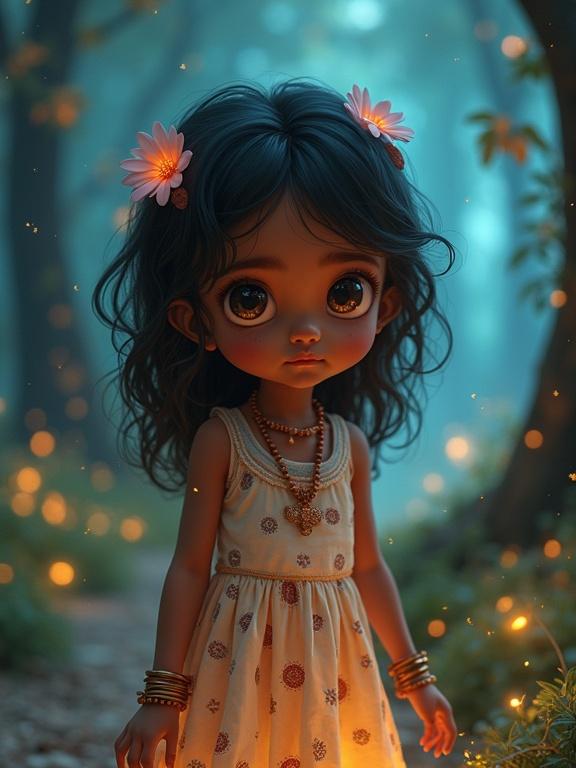 A young girl with big eyes and soft brown skin stands in a glowing fantasy forest. She wears a cotton dress with block print, small bangles, and has curly hair adorned with flowers. The scene includes glowing particles and bioluminescent trees.
