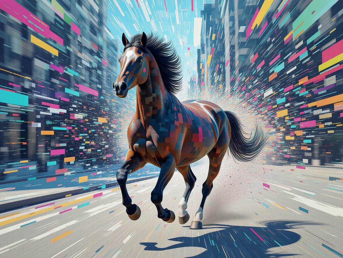 Abstract digital art of a running horse facing the camera. The horse has a pixelated face and body composed of shifting pixel blocks. Features data moshing textures with colorful static and distorted geometry. The composition is surreal and avant-garde.
