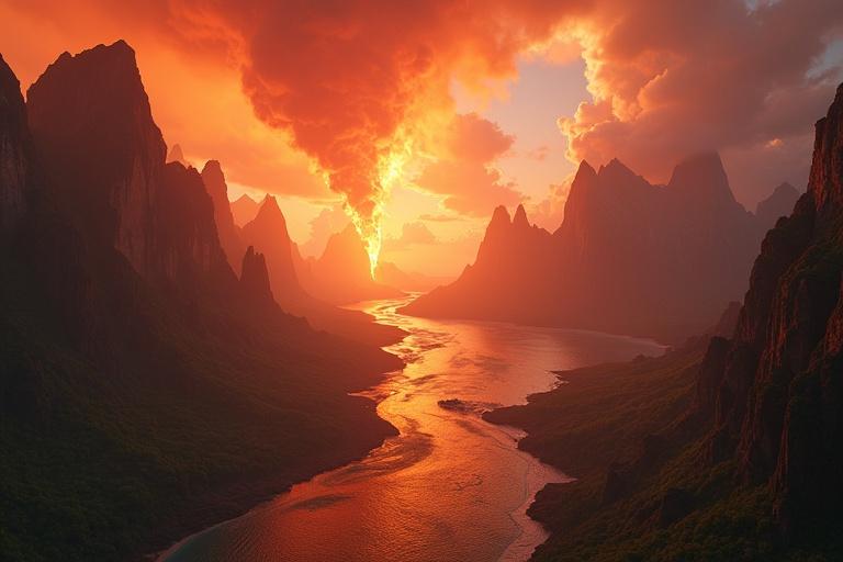 Ultra-wide aerial shot of Pandora’s southern continent at golden hour. Volcanic peaks erupt crimson ash into colorful skies. Molten rivers flow through emerald jungles. Crystal-blue tidal basins shimmer beside cliffs. Ethereal creatures glide between fire and sea. Ancient clans dwell in enchanted valleys.