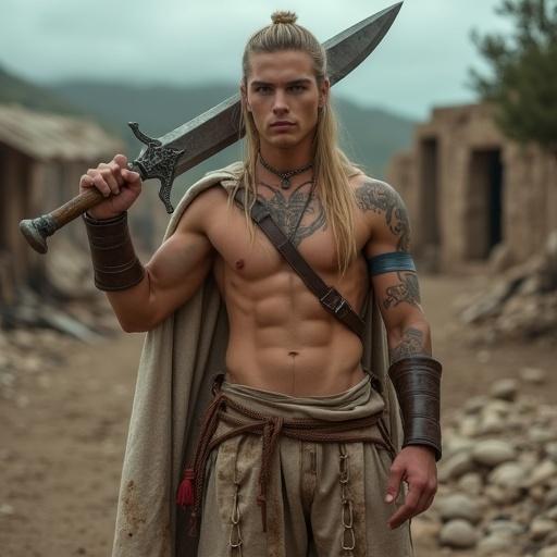 A young warrior with long blonde hair and sharp features. Athletic build shows defined abs. Wears ragged Spartan attire and holds a crude blade in a combat stance. Background includes an ancient battlefield. Dim lighting highlights her physique and tattoos. Ultra-realistic textures.