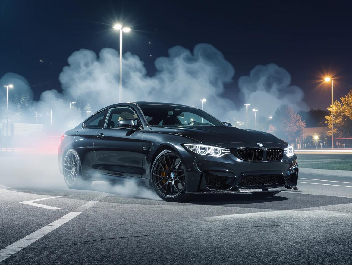 A black BMW car under street lights at night with smoke.
