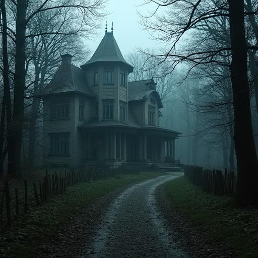 Large mansion in a forest surrounded by a wall. A narrow path leads to the house through dense woods. Dark, mystical atmosphere.