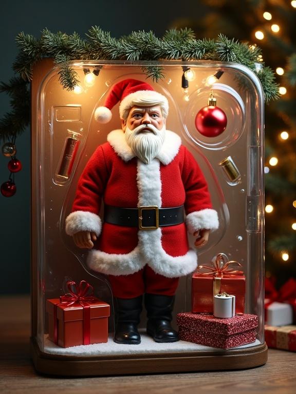 Action figure styled as Santa Claus inside transparent blister. Includes Christmas gifts ornaments lights. Background simulates toy packaging design.