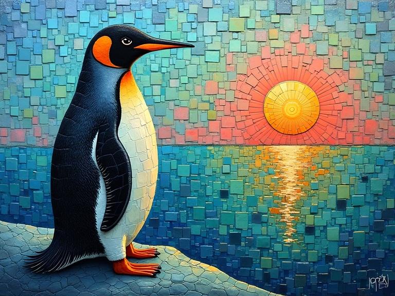A penguin in vibrant colors stands near an abstract sunset. The penguin is made of square-shaped tiles, arranged in a mosaic style. The background features a colorful sunset with reflected light on the water. Soft hues of blue, green, black, and orange create a dreamy atmosphere. The artwork combines various painting techniques.
