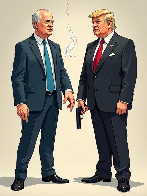 Storyboard panel with two frames; top and bottom. Two political figures dressed sharply stand side by side. Figure A on the left, calm face, dark blue suit, velvet blue tie. Figure B on the right, stern face, black suit, blood-red tie. Top panel: A extends left arm into side of B, making B look like a hand puppet. B holds a pistol, smoke rises from the barrel. Bottom panel: Figures' positions same, outfits and expressions unchanged. B’s right arm is inside A, now A looks like a puppet. B holds smoking pistol, aimed at viewer.