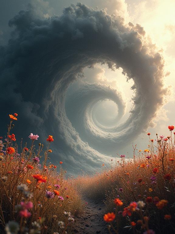 A swirling vortex of black and white clouds dominates the image. Vibrant wildflowers bloom at the foreground. Warm ethereal lighting enhances the features. The scene conveys a surreal captivating atmosphere.